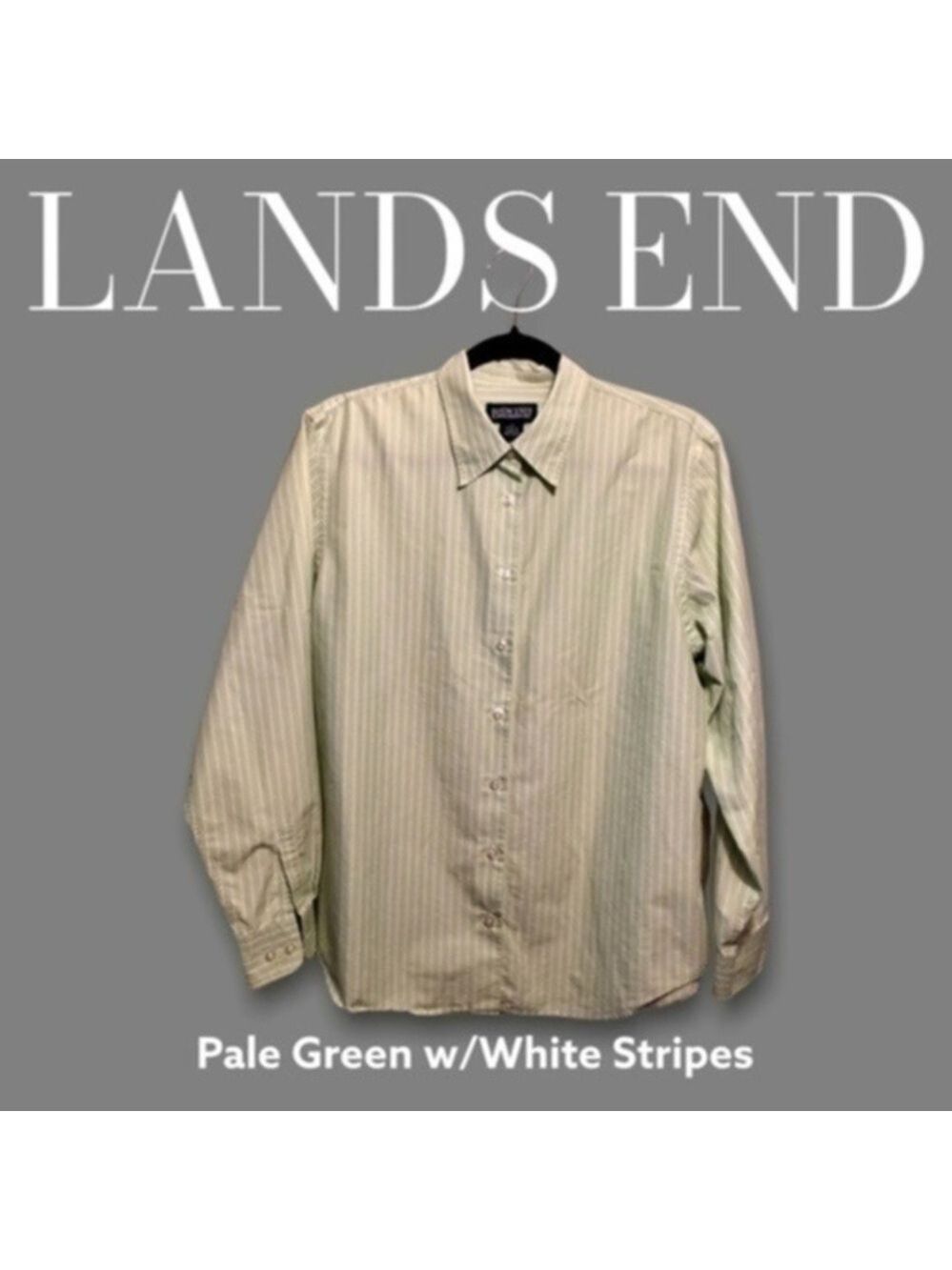 LANDS END Pale Green/White Striped Long Sleeve Classic Tailored Button Down-NWT